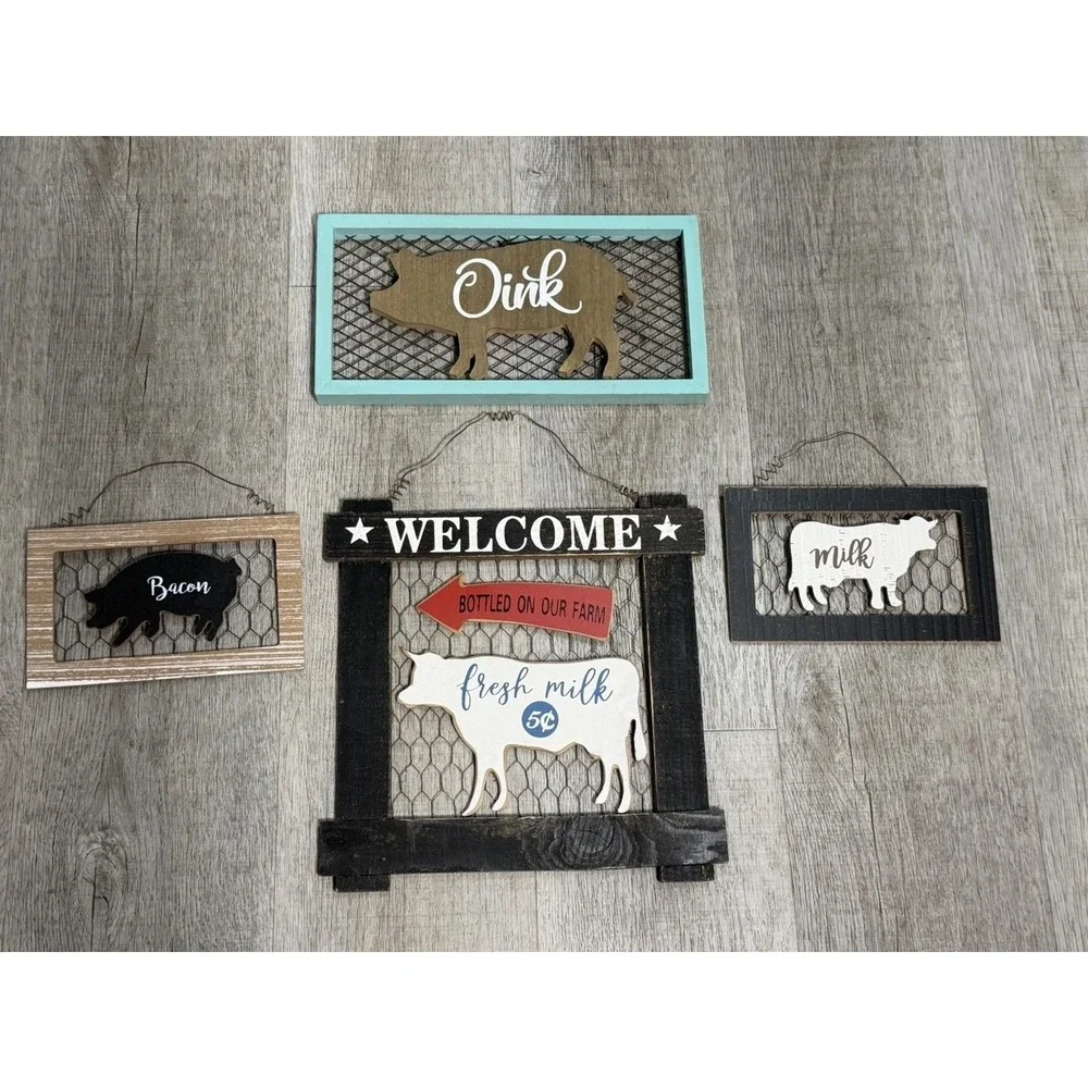 Farmhouse Hanging Wood Signs Wire Pig & Cow Rustic Distressed Decor Set Of 4